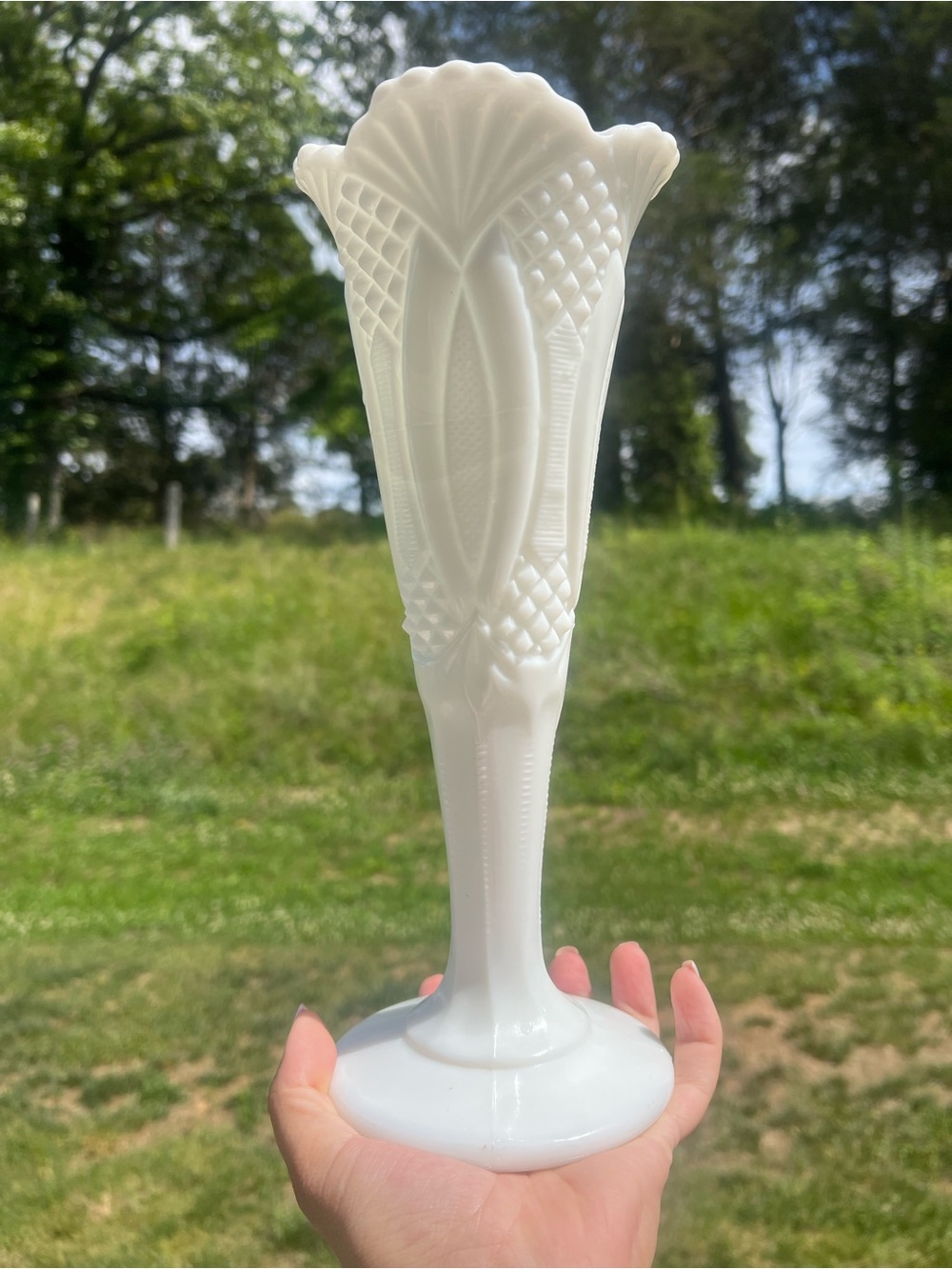 Vintage Kemple Jubilee Pattern Milk Glass Vase 12” Tall